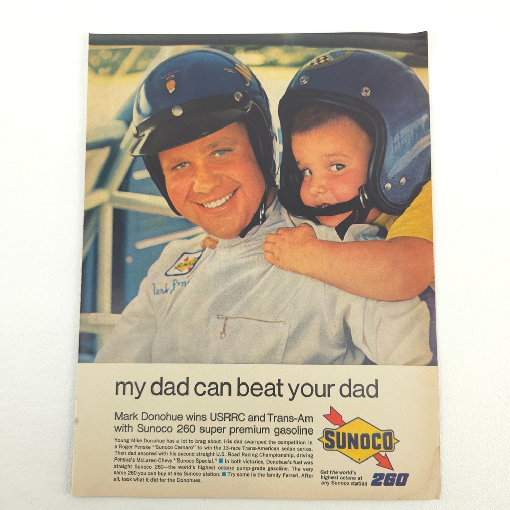 VTG Sunoco 260 Mark Donohue Advertising Print Ad Race Helmet Premium Gasoline